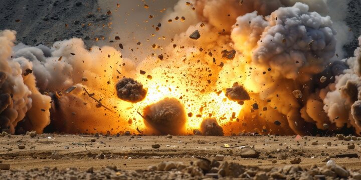 explosion air strike cluster phosphorus bomb debris fire. Massive explosion with fireball and thick smoke on an open field.