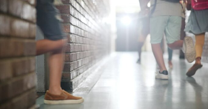 Run, school and kids in hallway, lunch break and happiness with sunshine, active and freedom. Group, education and friends with shoes, learning and students in corridor, lobby and cheerful with joy