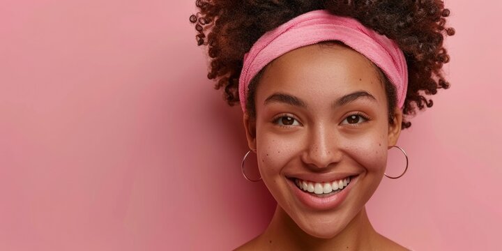A happy woman wearing a pink headband and smiling directly at the camera
