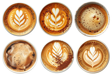 Hot coffee cups top view. Cappuccino or latte coffee with milk foam and coffee art, view from above flavored coffee cups set. Cut out coffee mugs isolated on transparent background