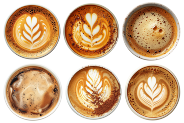 Hot coffee cups top view. Cappuccino or latte coffee with milk foam and coffee art, view from above flavored coffee cups set. Cut out coffee mugs isolated on transparent background