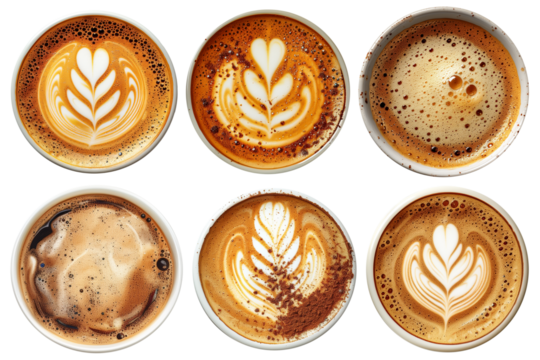 Hot coffee cups top view. Cappuccino or latte coffee with milk foam and coffee art, view from above flavored coffee cups set. Cut out coffee mugs isolated on transparent background