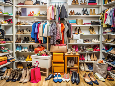 Cluttered shelves overflowing with fashionable clothing, shoes, and accessories, surrounded by shopping bags, receipts, and credit cards, convey a sense of compulsive consumerism.