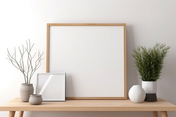 Blank print frame mockup with plants and decor on light background, minimalist style