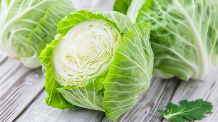 Fototapeta premium High-res image of fresh green cabbage, isolated on white, showcasing fine details and natural texture, ideal for print and digital use, focus cover all object, deep dept of field