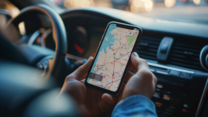 Smartphone with GPS in hand, In the Car.generative ai