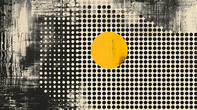 Dot grid with a yellow dot , monochrome pattern with accents, minimalistic illustration