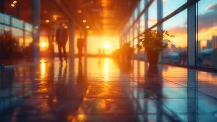 Open space backdrop with people. Blurred office or airport open space interior with panoramic windows. Modern office interior background illustration