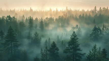 Fog landscape with fir forest in cinematic lighting Generative AI image