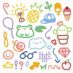 Cute Kawaii Animal and Object Doodles with Happy Faces.Cute doodle hand drawn kids set. Colorful element of snail, crown, light bulb, balloon, frog and cactus.