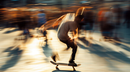Fototapeta premium A figure skateboarding with motion blur , An abstract human figure in motion