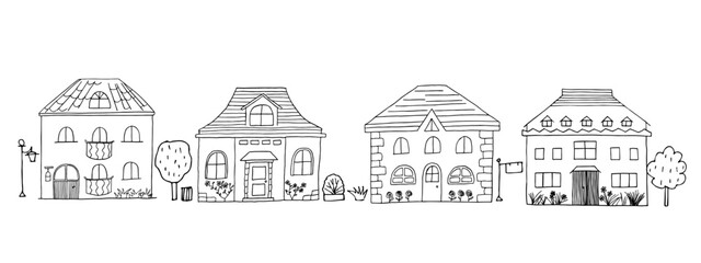Naklejka premium Houses set. Hand-drawn doodle vector urban illustration. Cartoon habitation. Black and white Children's drawings.