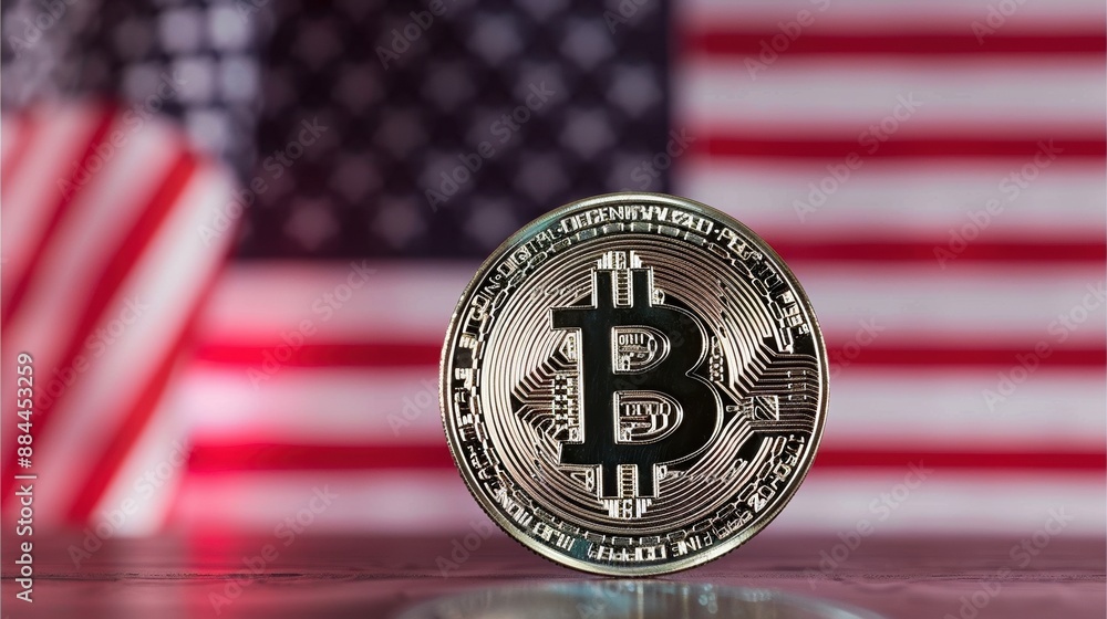 Poster a coin with the letter b on it is on a table in front of an american flag