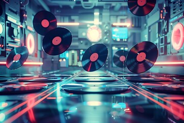 Futuristic Music Studio with Vinyl Records.