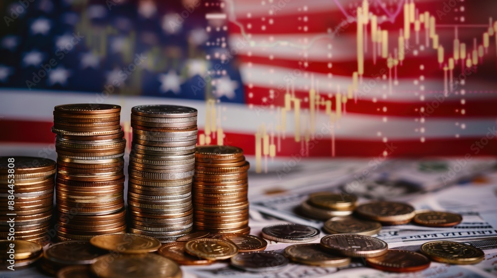 Poster a pile of coins and a stack of bills are on a table in front of an american flag