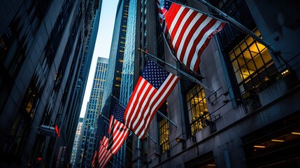 A row of American flags are flying in the air above a city