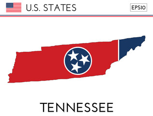 Tennessee USA state map shape with flag. Map of Tennessee in the Tennessee flag colors. Outline map filled with its flag colors. Vector illustration.