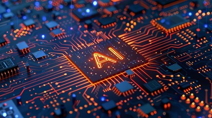 This image captures a glowing AI chip on a detailed circuit board, illustrating the fusion of high-tech elements and the intricate design of modern electronic components.