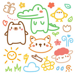 Cute Kawaii Animal and Object Doodles with Happy Faces.Cute doodle hand drawn kids set. Colorful element of crocodile, bear, fox, chick, butterfly, flower, heart, sun, cloud and bee.