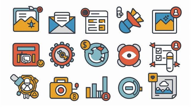 A set of colorful digital marketing icons representing various online tools and services including email, SEO, and social media. Useful for web and graphic design projects.