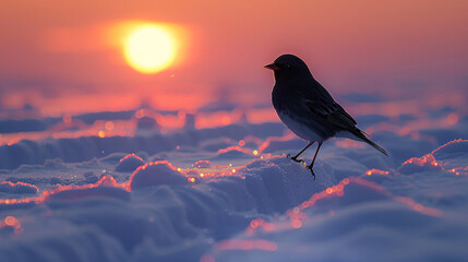 A bird stands on snow with a vibrant orange sunset in the background, casting a serene and warm glow over the snowy landscape