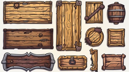 Naklejka premium An artistic illustration featuring various wooden boxes and barrels, showcasing different styles, shapes, and textures with intricate detailing and vibrant coloring.