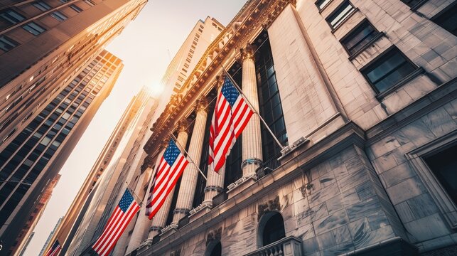 The American flag is flying high on the side of a building in a city - Powered by Adobe