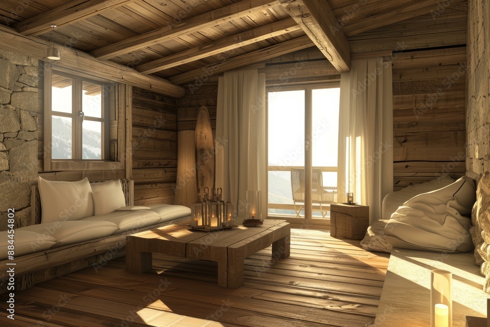 Canvas Prints Warm sunlight floods a rustic wooden cabin presenting a peaceful retreat atmosphere