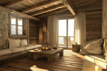 Obraz premium Warm sunlight floods a rustic wooden cabin presenting a peaceful retreat atmosphere