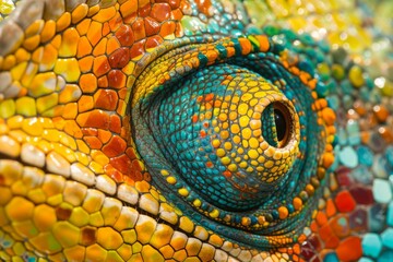 Fototapeta premium Macro photo capturing the stunning detail and color of a chameleon's eye and multicolored scales