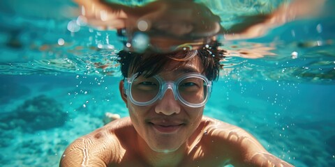 Naklejka premium A person swimming laps in a pool while wearing goggles for protection and clear vision