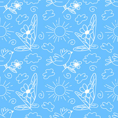 Bird with a flower, sun and clouds vector seamless pattern. Background doodle design for  wrapping paper, greeting card, banners, ceramic tiles, decor. Isolated on a blue background