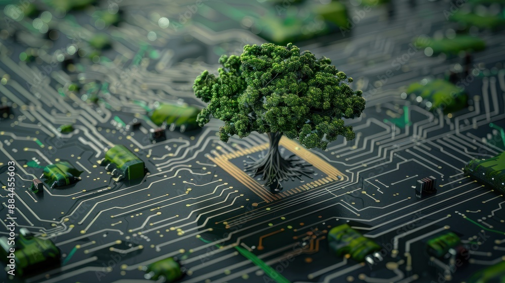 Poster a tree flourishing at the intersection of a computer circuit board exploring the concepts of green c