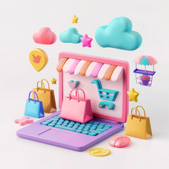 Fototapeta premium 3D eCommerce Icon Artwork Around Laptop
