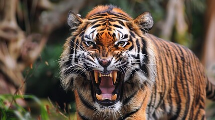 Fototapeta premium A ferocious tiger roaring fiercely, its mouth wide open and teeth exposed, set against the lush greenery of a dense jungle landscape, embodying raw wildlife energy.
