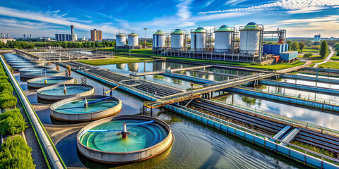 Large industrial water treatment plant with massive pipes, tanks, and machinery processing wastewater, recycling resources, and removing contaminants for a sustainable future.