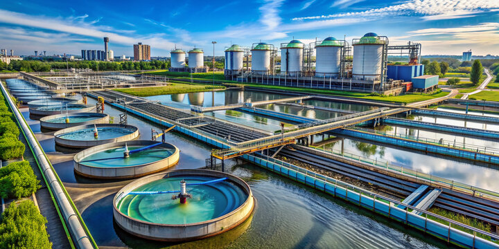 Large industrial water treatment plant with massive pipes, tanks, and machinery processing wastewater, recycling resources, and removing contaminants for a sustainable future.