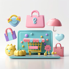Fototapeta premium Cute 3D eCommerce Icons Surrounding Laptop