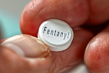 White Pill With The Word "Fentanyl" Imprinted On It Is Held Between Two Fingers