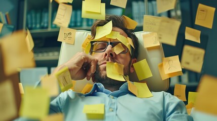 Adhesive notes covering the office of exhausted man. Nice concept of International Workaholics Day
