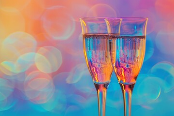 Two champagne glasses clink in a toast against a colorful bokeh light backdrop
