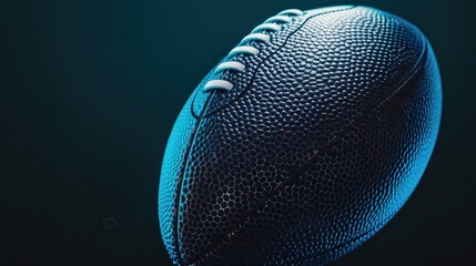 American football ball close up on black background. Blue filter