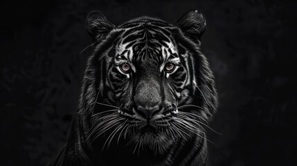 A realistic depiction of a tiger with an intense gaze, set against a black background, highlighting its detailed fur and fierce expression, evoking fear and admiration.