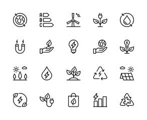 Energy saving vector linear icons set. Contains such energy saving icons as energy efficiency, green energy, energy costs and more.