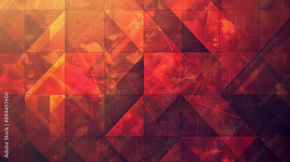 Poster geometric abstract design featuring red hues, with bold lines and intricate patterns