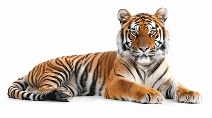 Obraz premium A captivating photo of an impressive tiger at ease, highlighting its regal nature and the stunning details of its fur and stripes, ideal for nature and wildlife admirers.