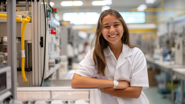 A smiling teenage intern in a lab coat stands by a machine, leaning on it with her arms crossed. Youthful enthusiasm and confidence in a high-tech industrial environment.