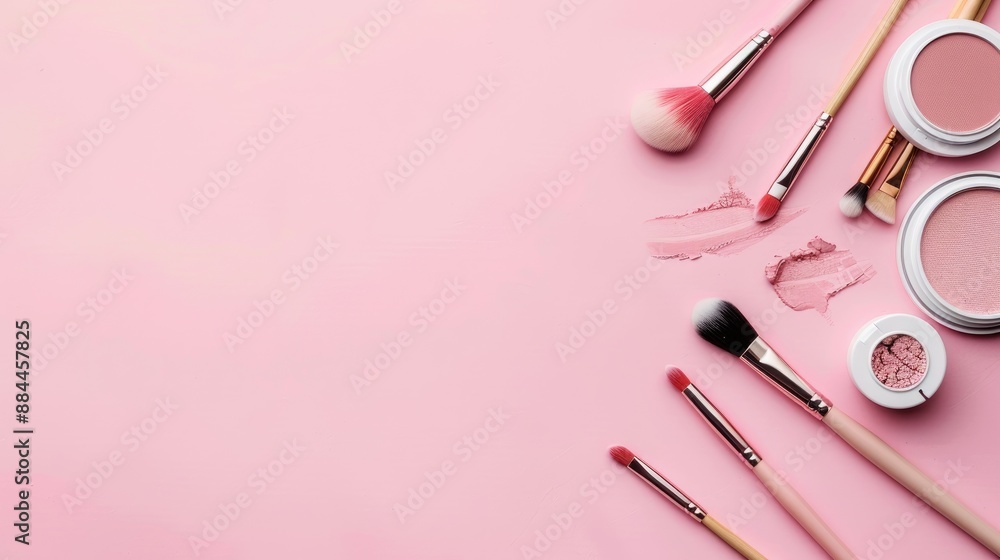 Poster cosmetics and brushes on pink background seen from above with empty space for text