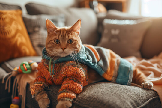 asual Hoodie Cat: A relaxed cat lounging on a comfortable couch, wearing a trendy hoodie. The living room setting is cozy with soft lighting, a rug, and cat toys scattered around.