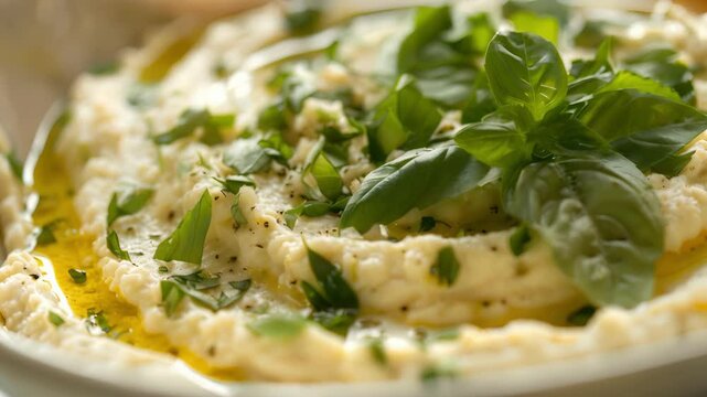 A macro shot of a creamy white bean dip topped with chopped fresh herbs and drizzled with olive oil.